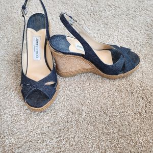 Jimmy Choo 105mm Amely Denim Cork Wedge,size 8